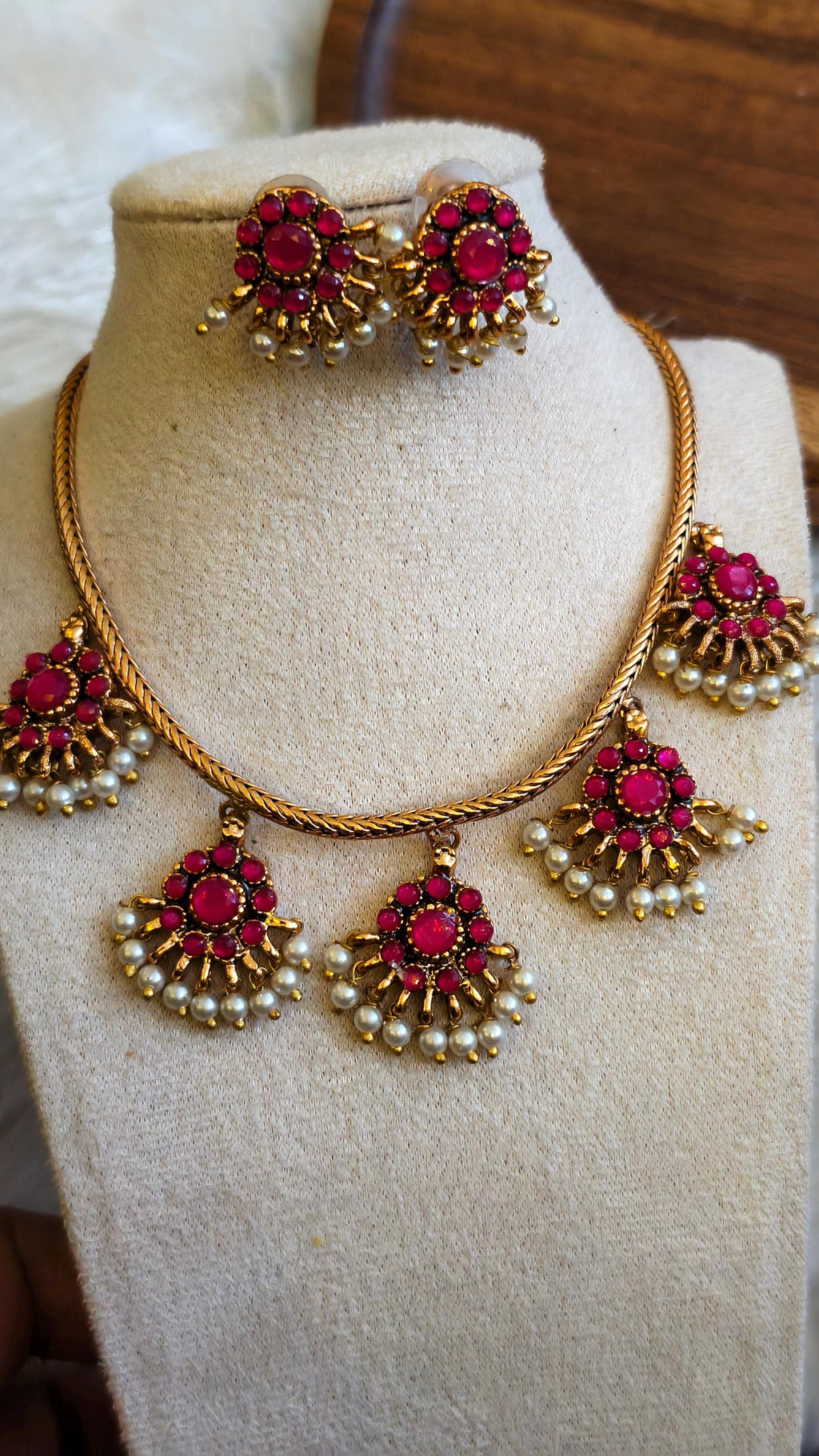 Traditional Gold Tone Kemp Stone Necklace Set | Ethnic South Indian Choker with Pearls
