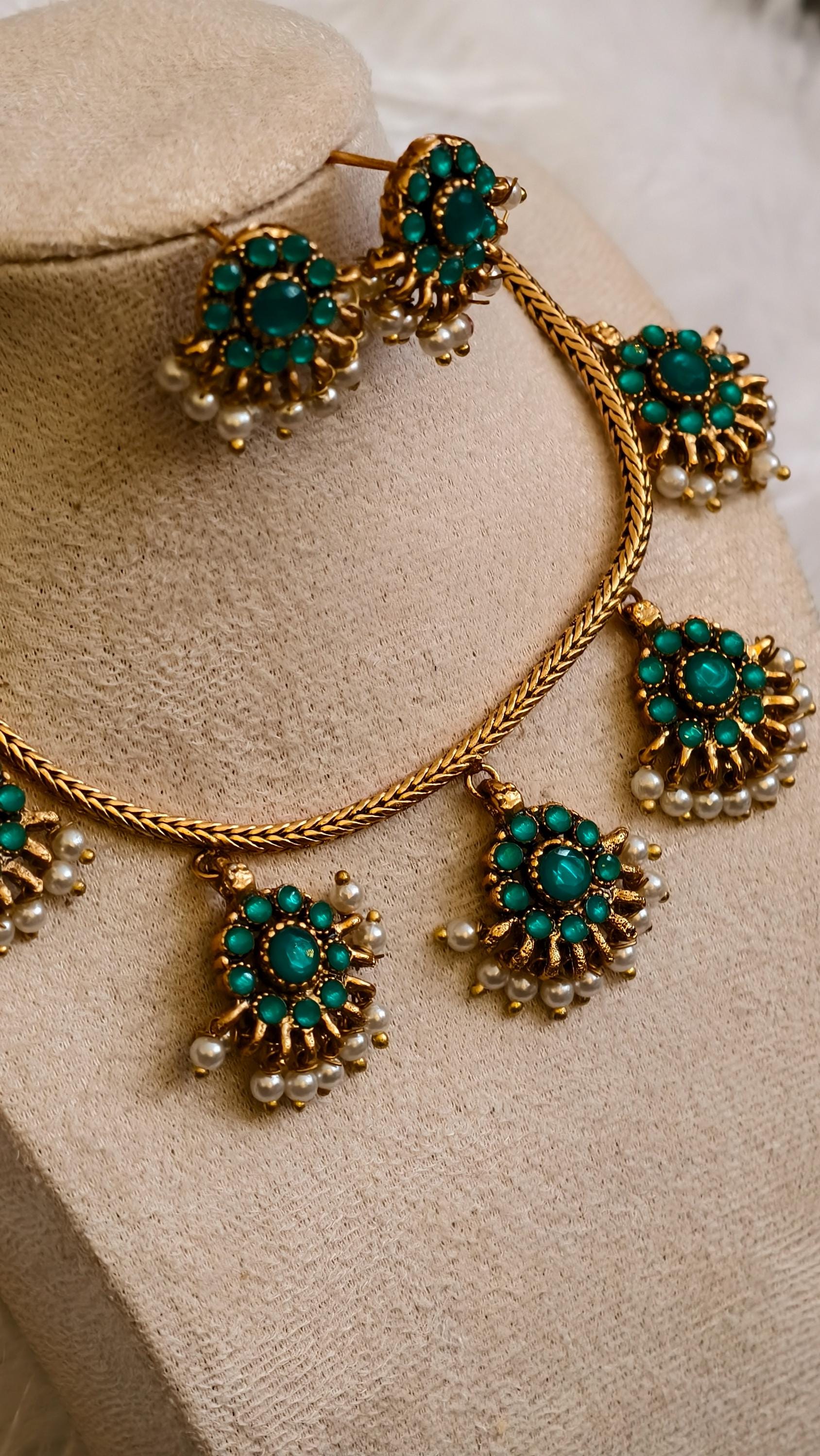 Traditional Gold Tone Kemp Stone Necklace Set | Ethnic South Indian Choker with Pearls