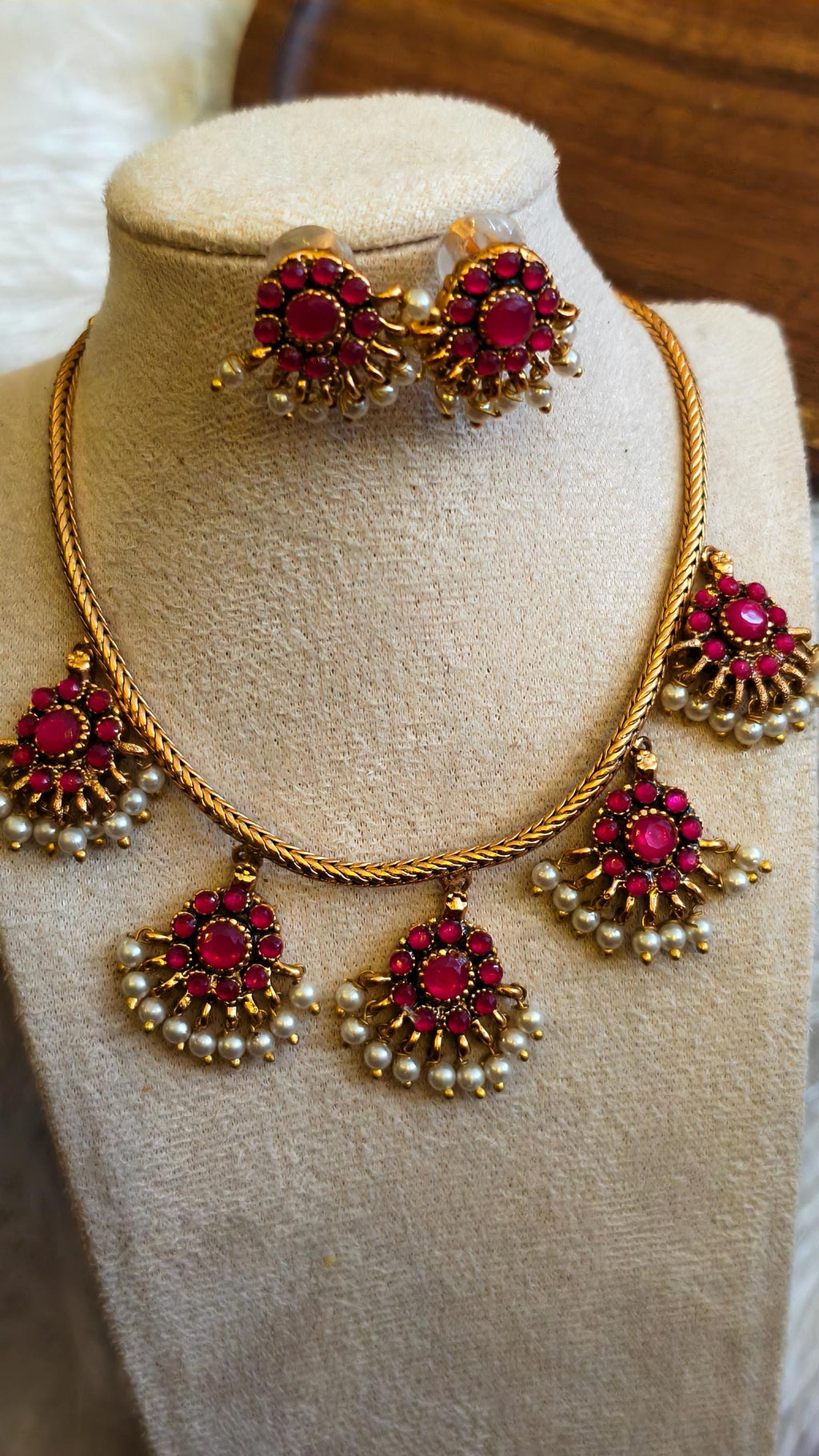 Traditional Gold Tone Kemp Stone Necklace Set | Ethnic South Indian Choker with Pearls