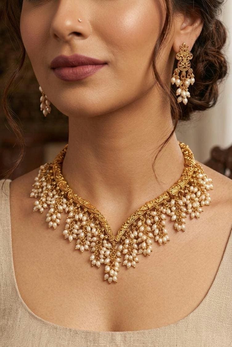 Antique Gold Hasli Necklace, Rice Pearl Clusters, V-Shape Choker, Indian Jewelry Set