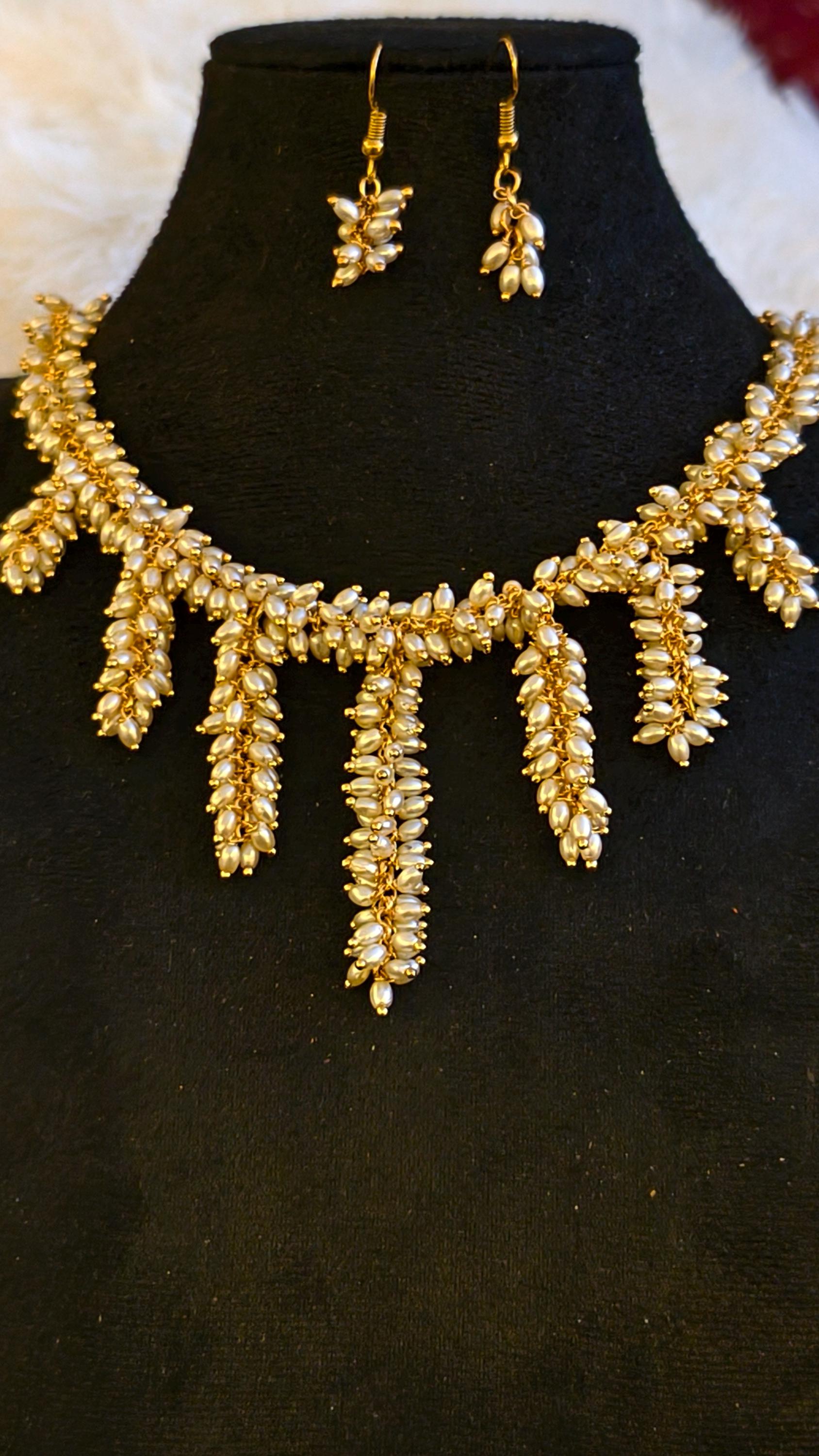 Handmade Rice Pearl Fringe Necklace and Dangle Earrings Set  Boho Bridal Jewelry