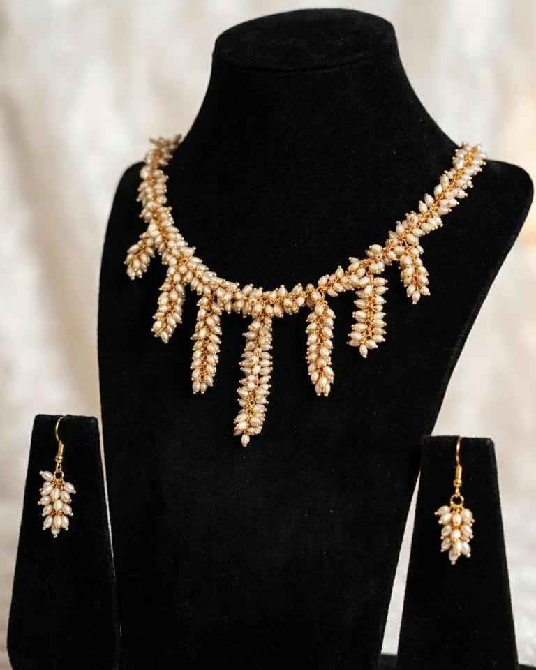 Handmade Rice Pearl Fringe Necklace and Dangle Earrings Set  Boho Bridal Jewelry