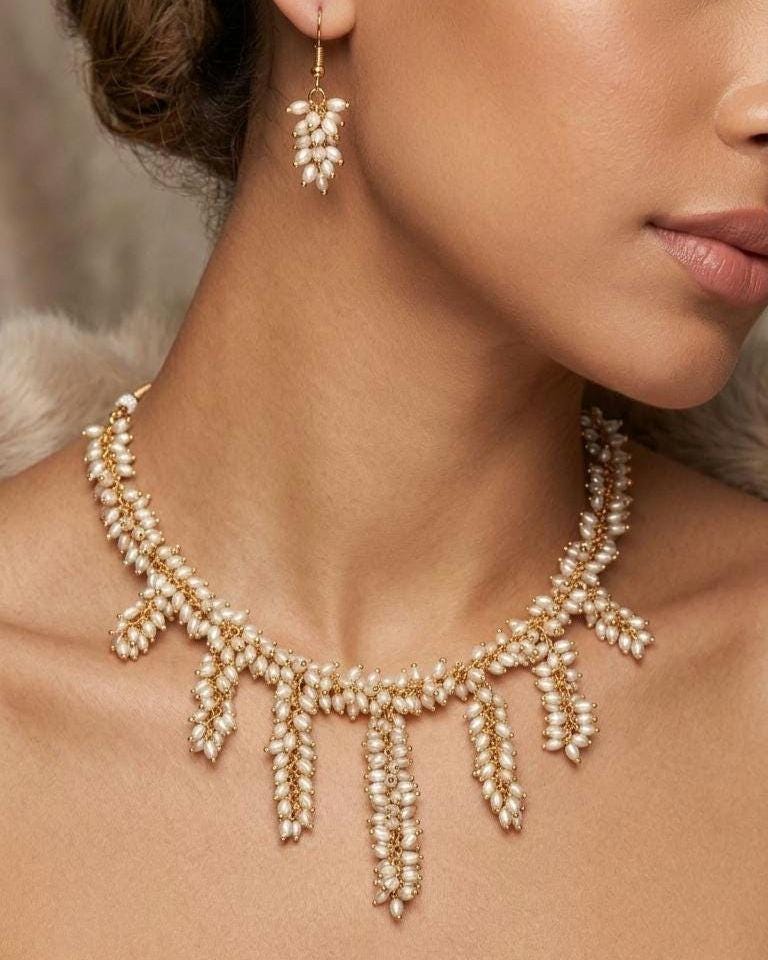 Handmade Rice Pearl Fringe Necklace and Dangle Earrings Set  Boho Bridal Jewelry