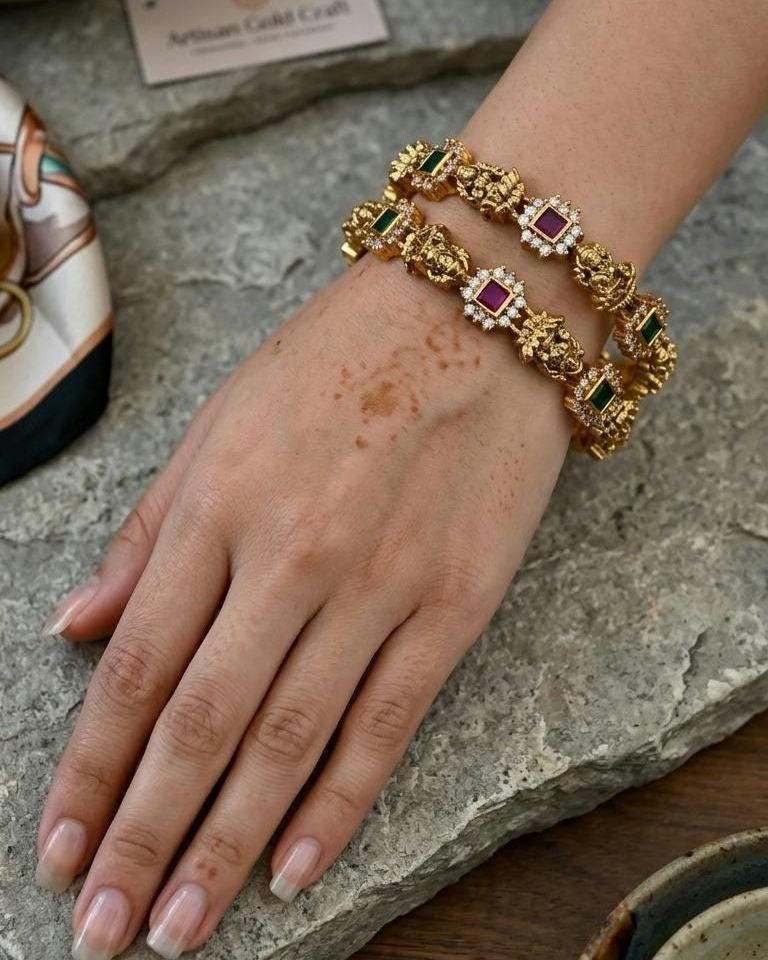 Gold Plated Lakshmi Nakshi Temple Bangles, Kemp Ruby Emerald Kada, Antique Indian Jewelry (2.6)