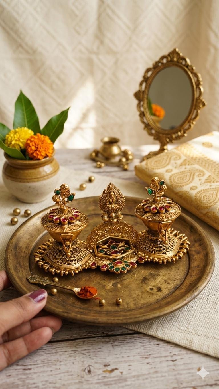 Gold Plated Twin Haldi Kumkum Container with Center Lakshmi | Festive Puja Decor | Indian Housewarming Return Gifts | Meenakari Style Dabbi