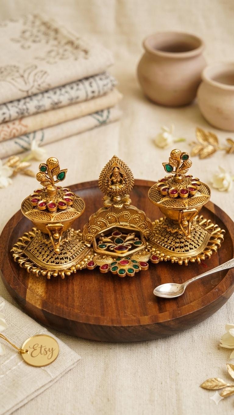 Gold Plated Twin Haldi Kumkum Container with Center Lakshmi | Festive Puja Decor | Indian Housewarming Return Gifts | Meenakari Style Dabbi