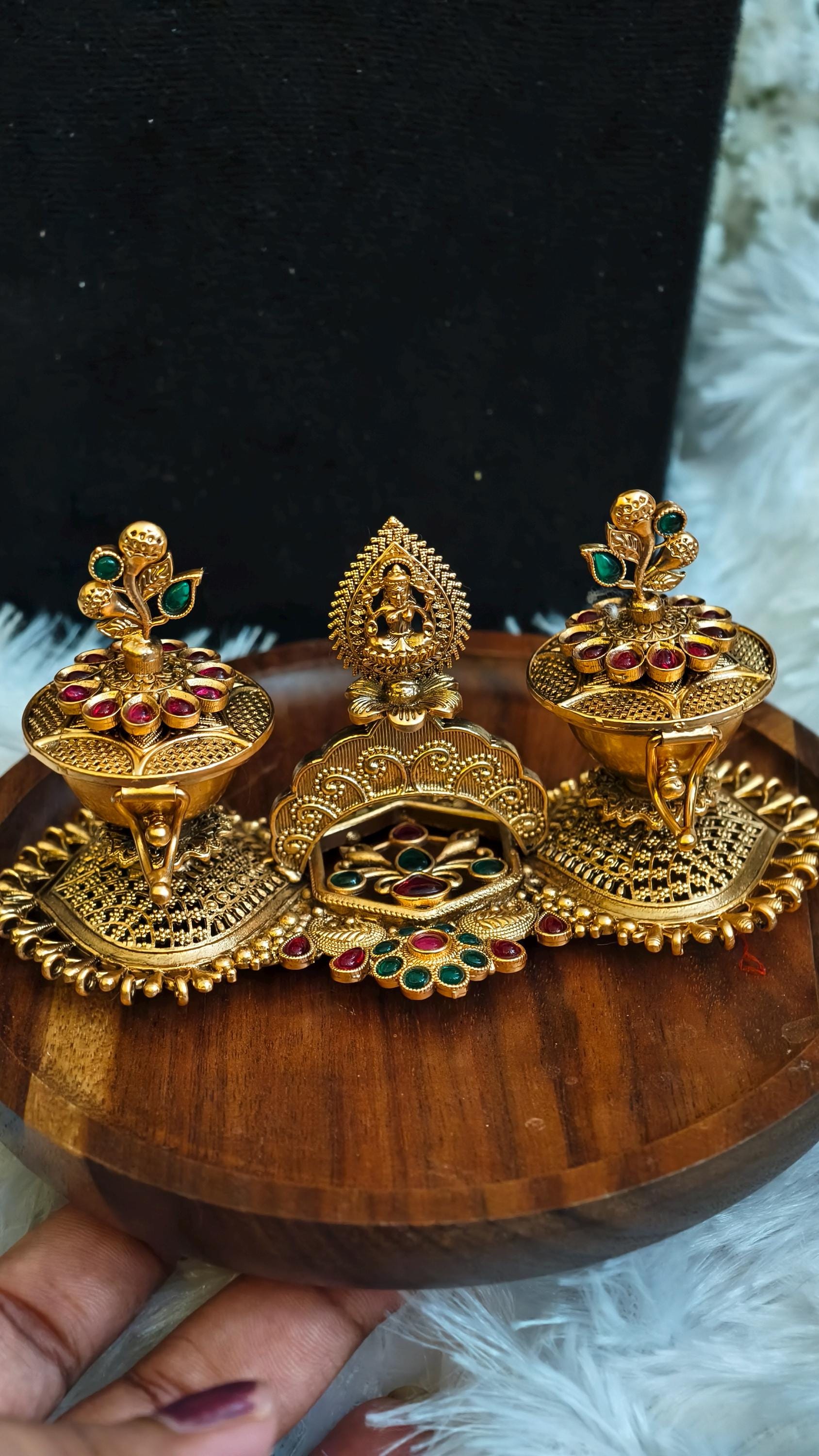 Gold Plated Twin Haldi Kumkum Container with Center Lakshmi | Festive Puja Decor | Indian Housewarming Return Gifts | Meenakari Style Dabbi
