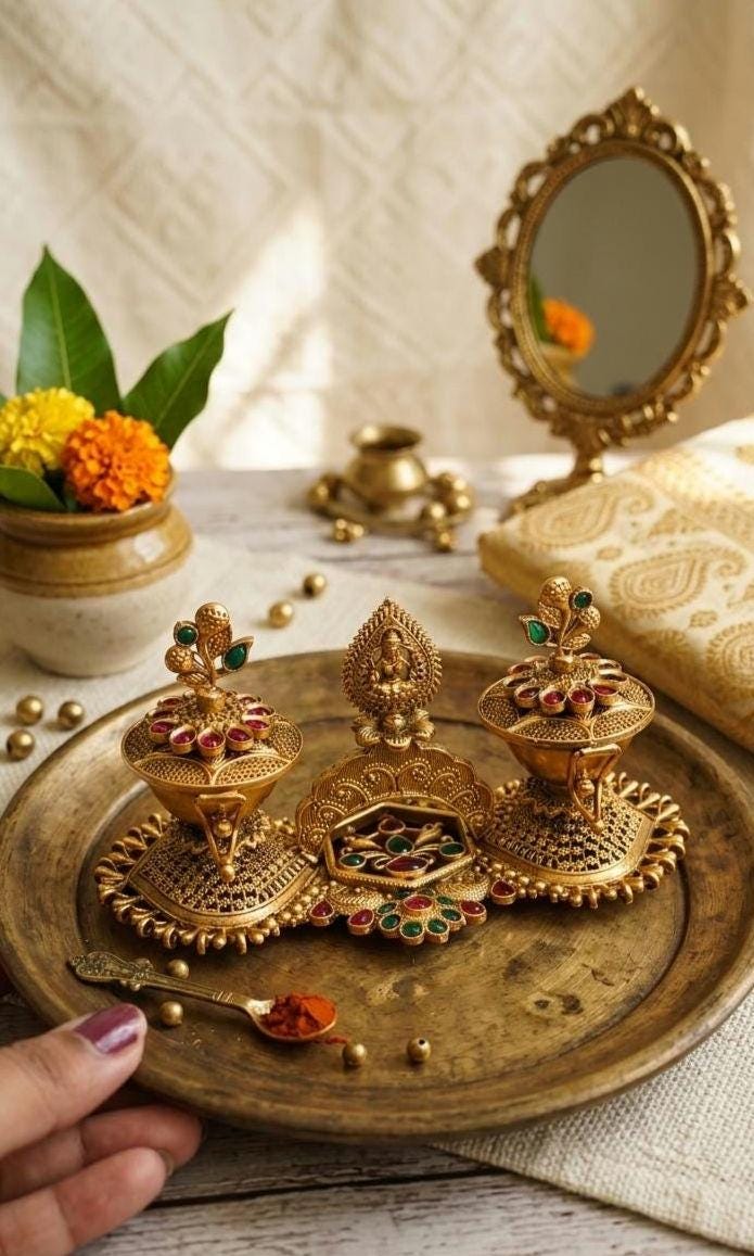 Gold Plated Twin Haldi Kumkum Container with Lakshmi | Meenakari Style Puja Decor