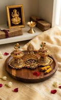 Gold Plated Twin Haldi Kumkum Container with Lakshmi | Meenakari Style Puja Decor