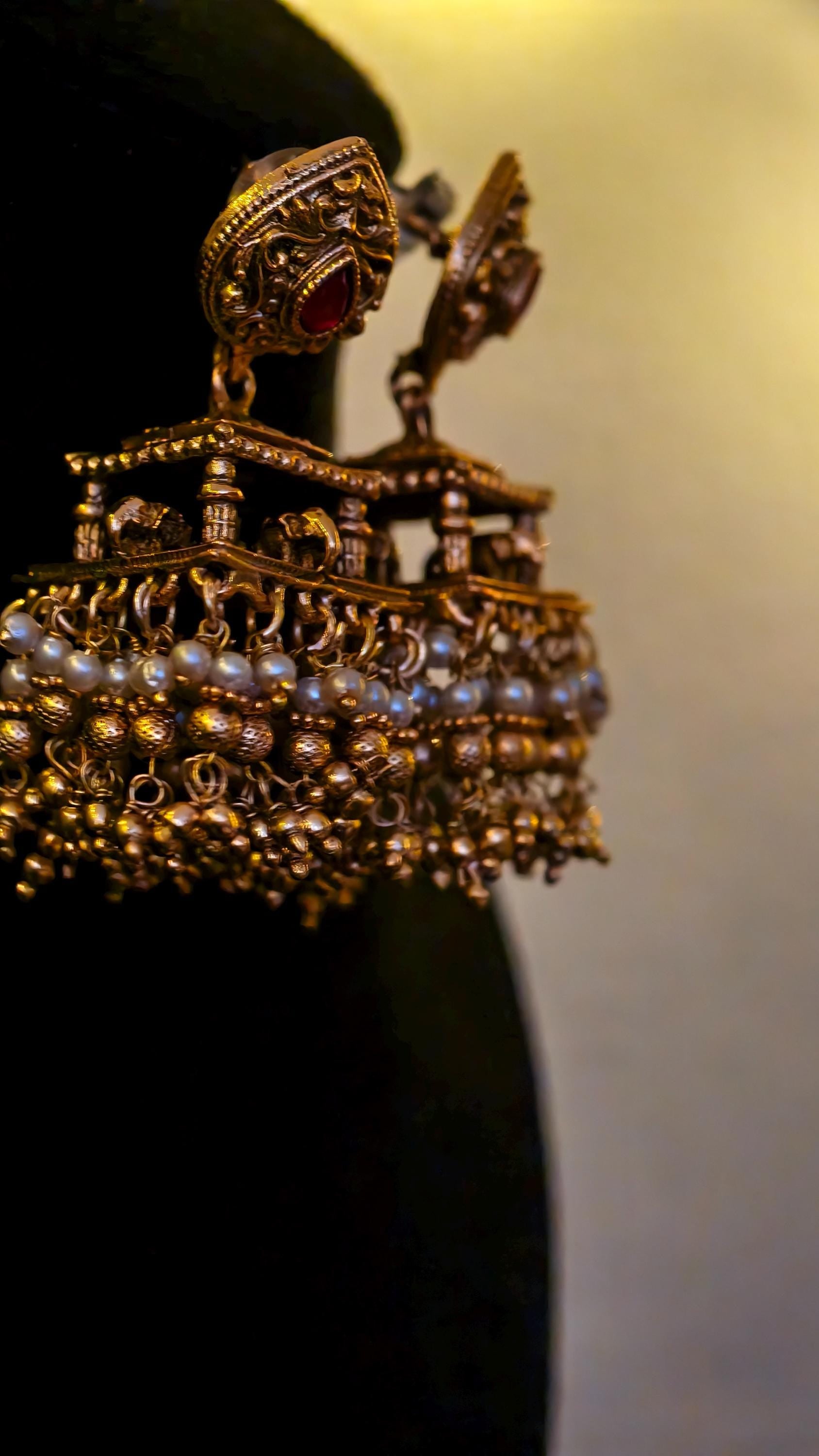Antique Gold Elephant Temple Jhumka Earrings, Ruby Pink Stone Mandap Pearl Drop