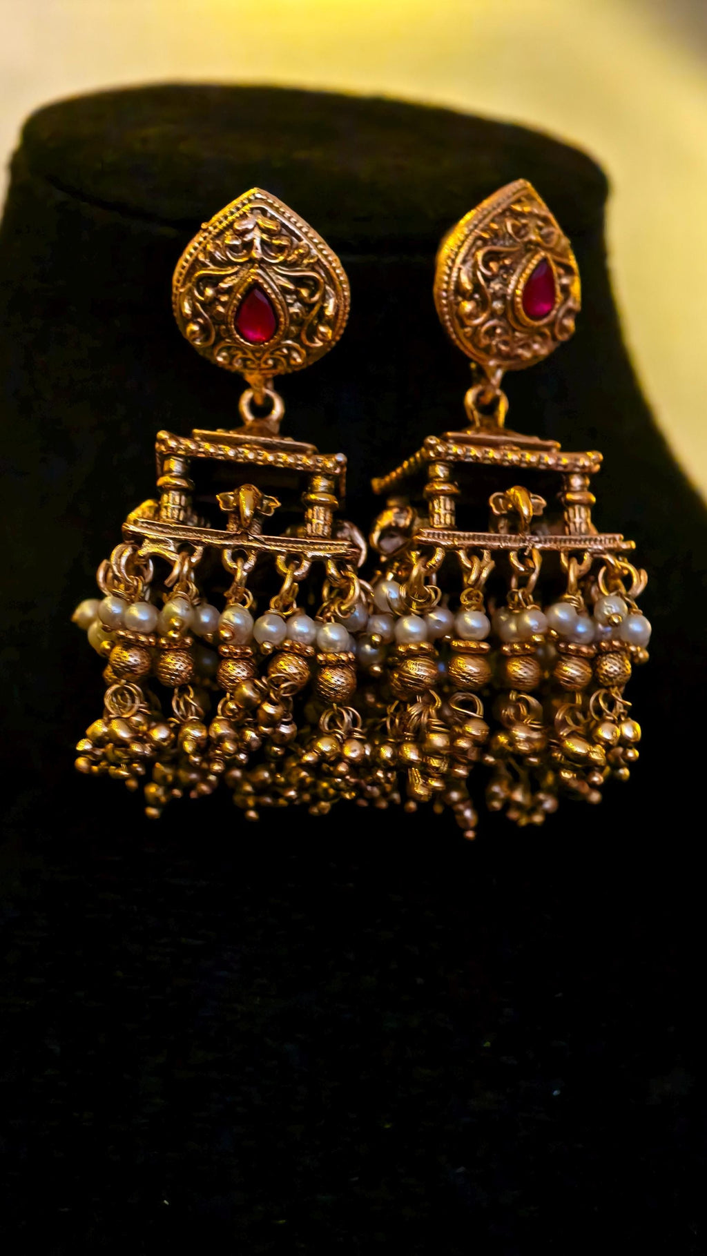 Antique Gold Elephant Temple Jhumka Earrings, Ruby Pink Stone Mandap Pearl Drop