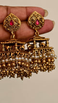 Antique Gold Elephant Temple Jhumka Earrings, Ruby Pink Stone Mandap Pearl Drop
