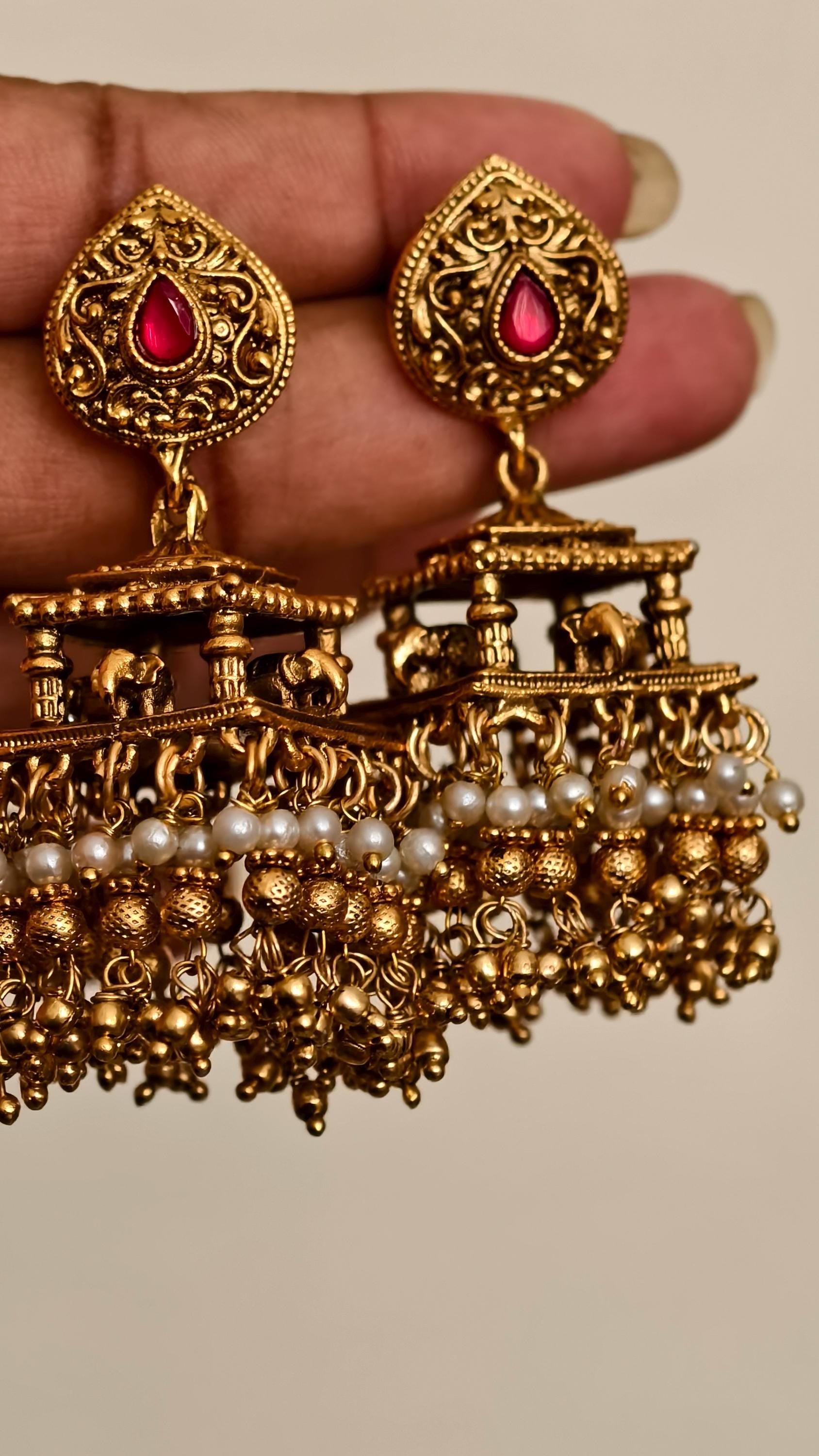 Antique Gold Elephant Temple Jhumka Earrings, Ruby Pink Stone Mandap Pearl Drop