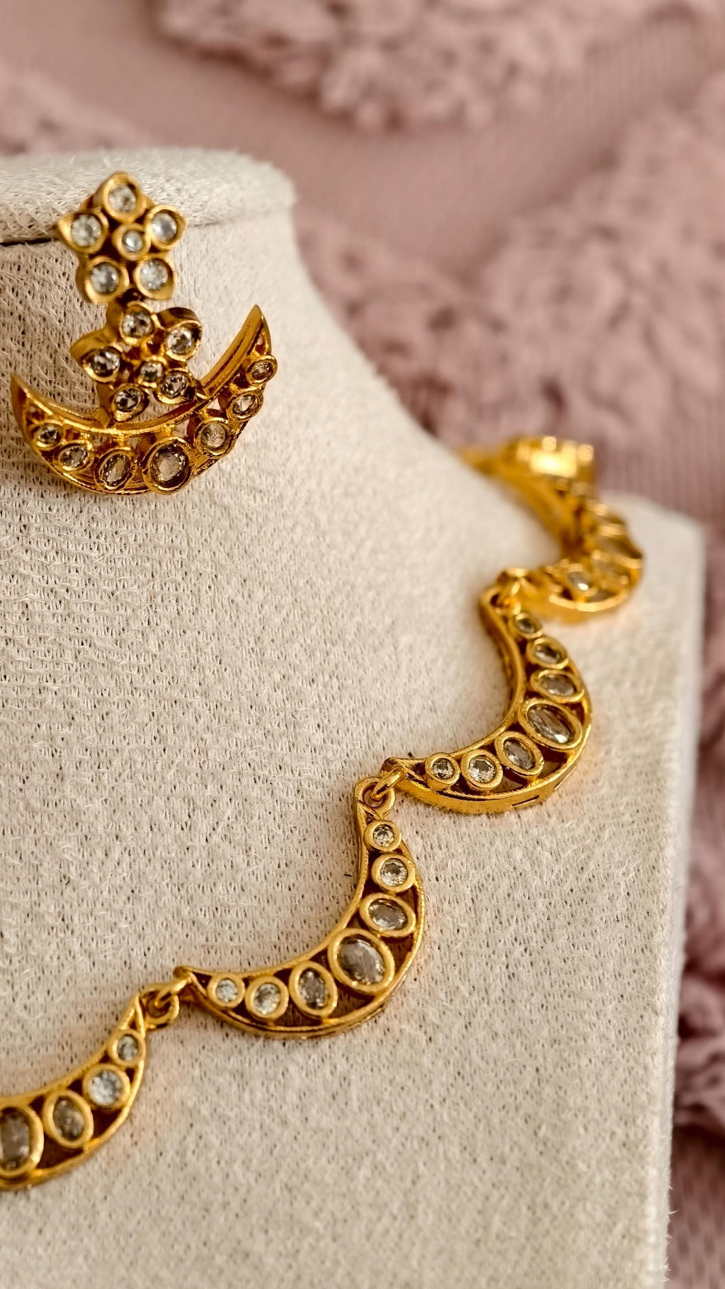 Gold Plated Kundan Chandbali Necklace and Earring Set, Crescent Moon Bridal Choker