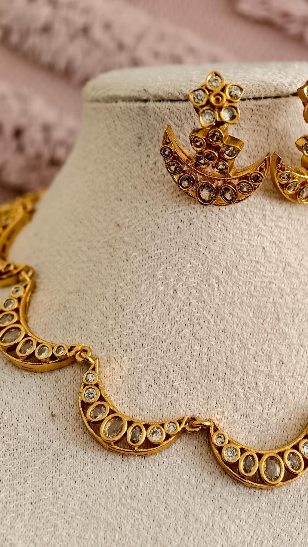 Gold Plated Kundan Chandbali Necklace and Earring Set, Crescent Moon Bridal Choker