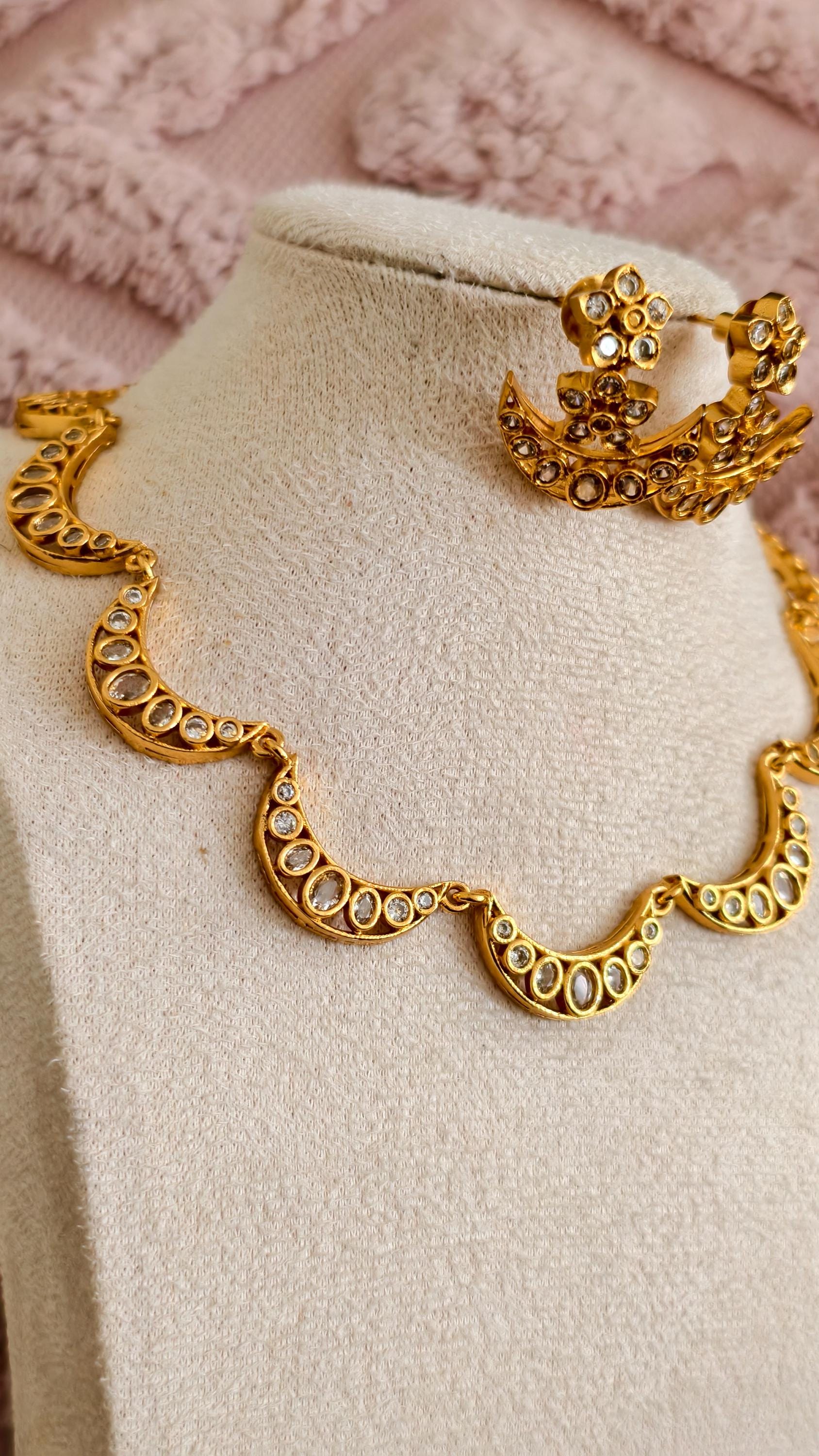Gold Plated Kundan Chandbali Necklace and Earring Set, Crescent Moon Bridal Choker