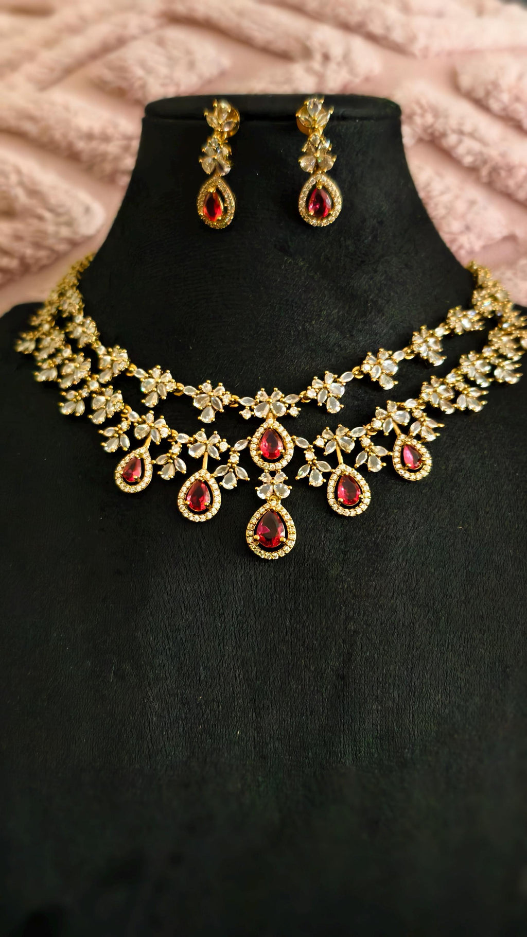 Gold Teardrop Necklace Earrings Set, Bridal Choker, Indian Wedding Crystal Jewelry
