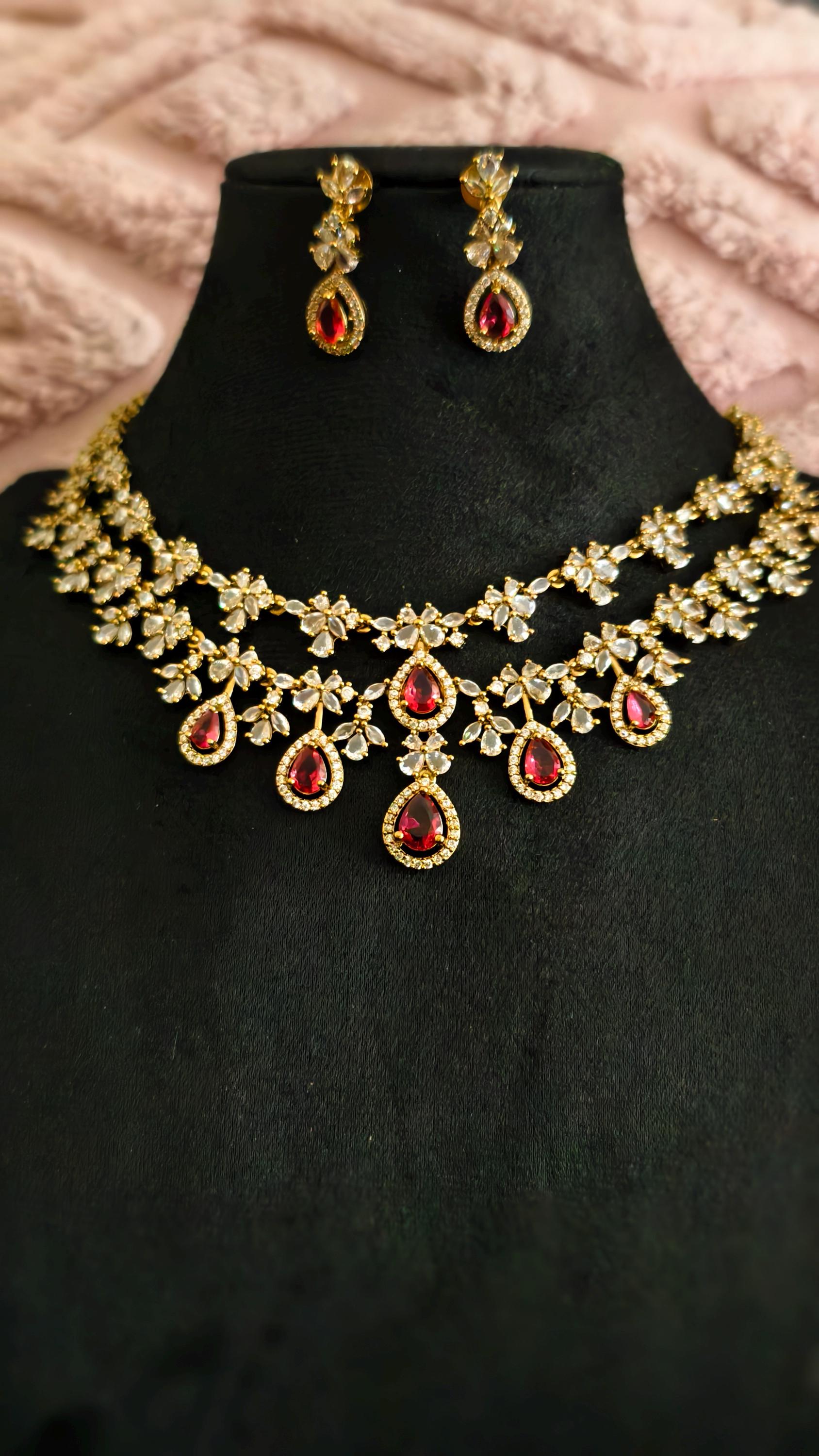 Gold Teardrop Necklace Earrings Set, Bridal Choker, Indian Wedding Crystal Jewelry