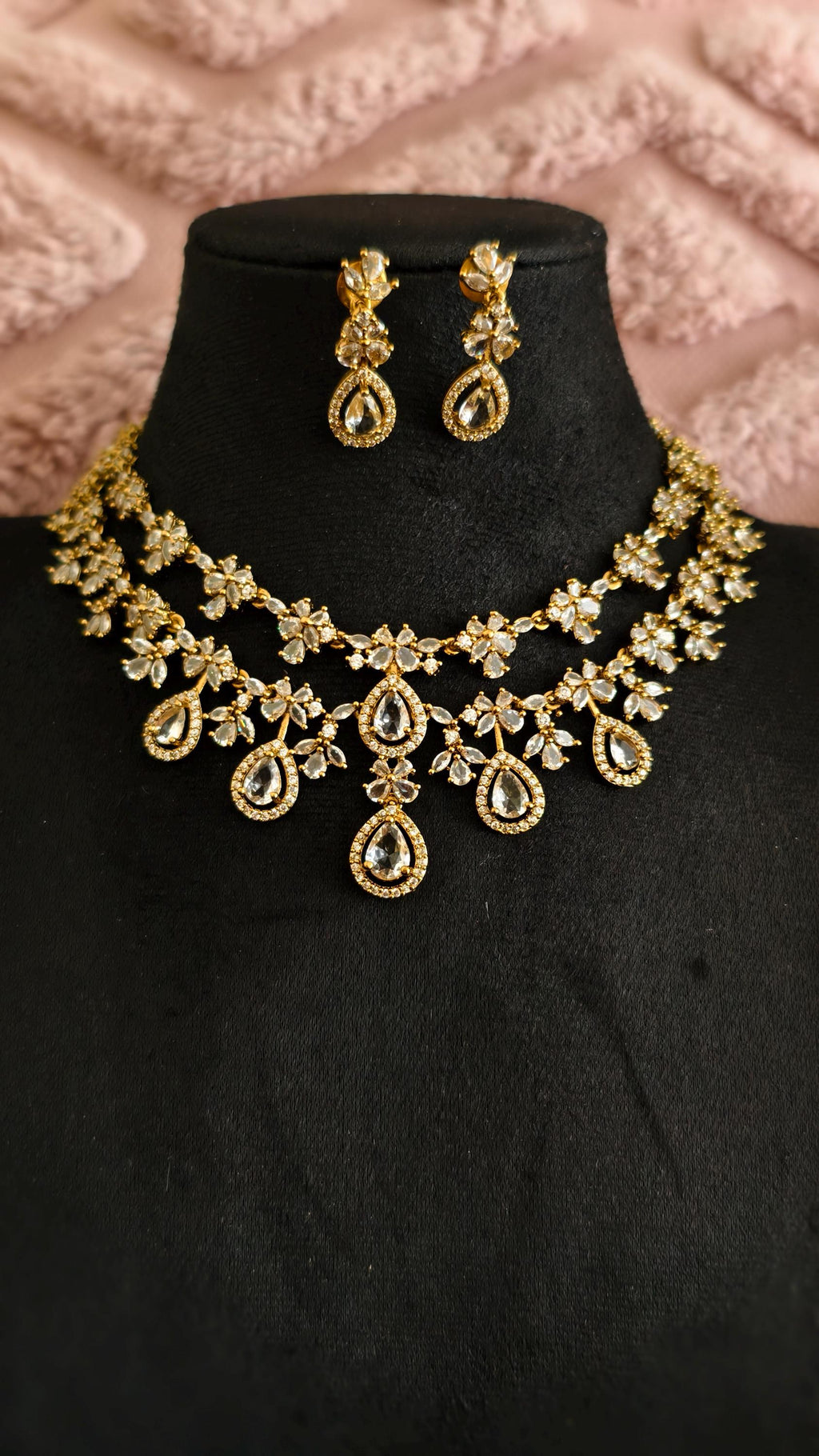 Gold Teardrop Necklace Earrings Set, Bridal Choker, Indian Wedding Crystal Jewelry