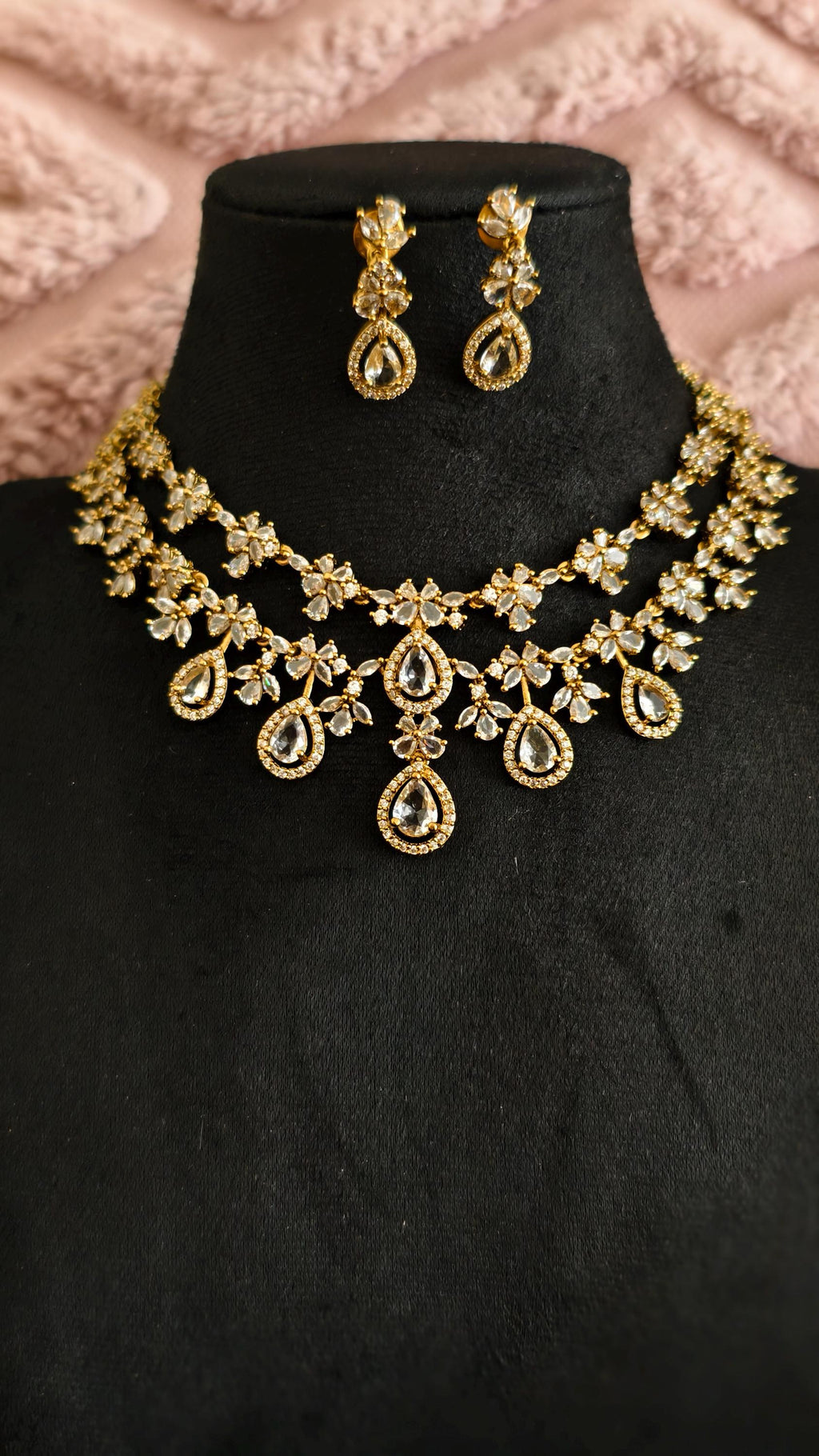 Gold Teardrop Necklace Earrings Set, Bridal Choker, Indian Wedding Crystal Jewelry