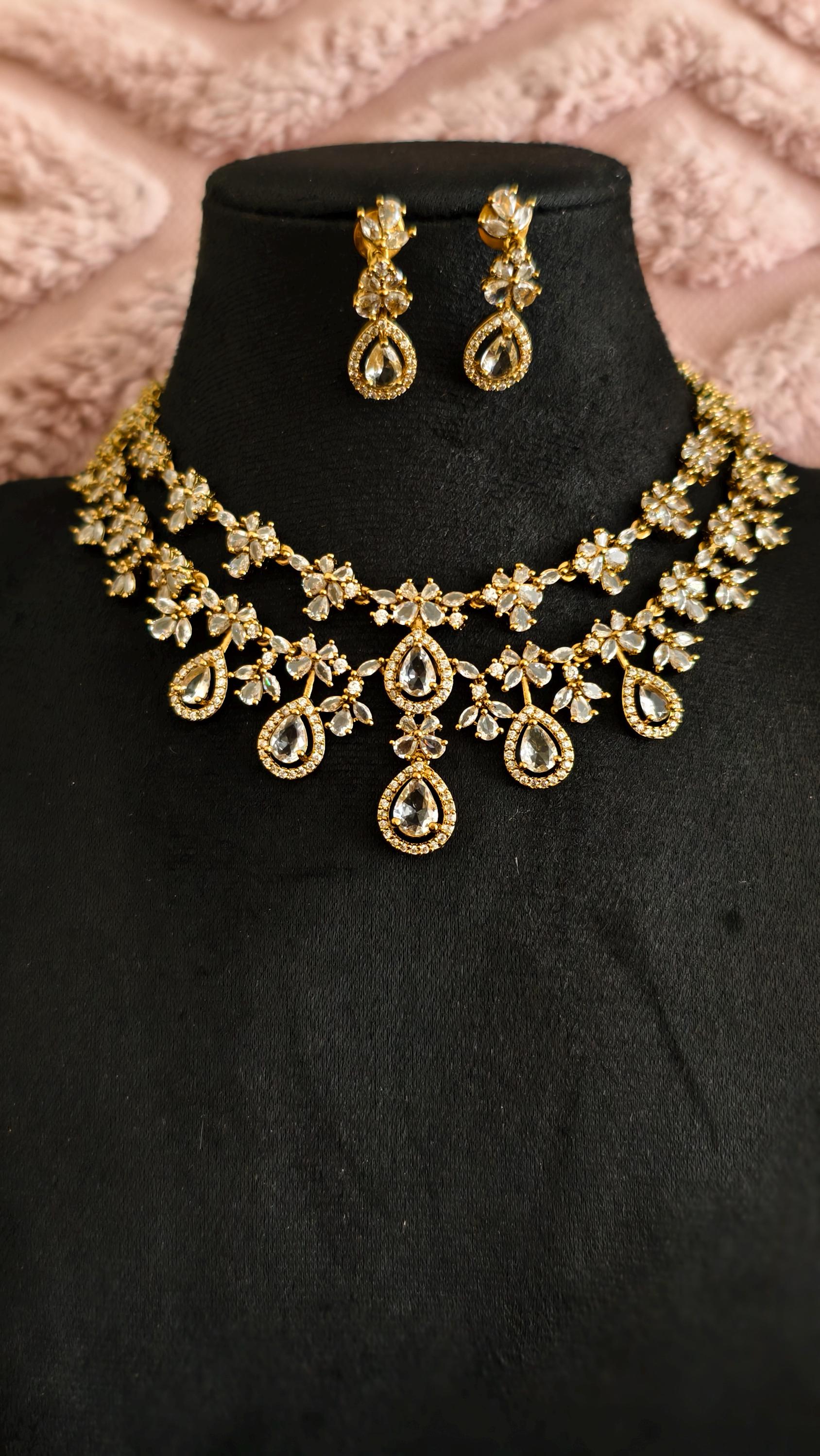 Gold Teardrop Necklace Earrings Set, Bridal Choker, Indian Wedding Crystal Jewelry