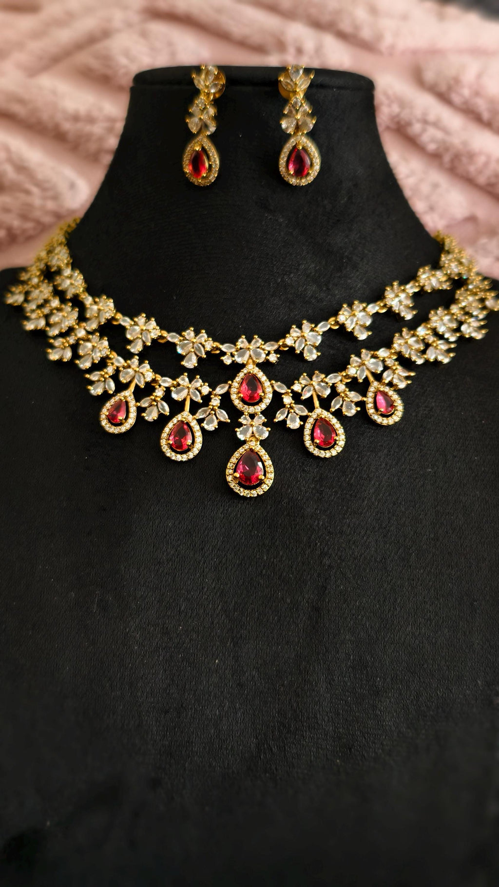 Gold Teardrop Necklace Earrings Set, Bridal Choker, Indian Wedding Crystal Jewelry