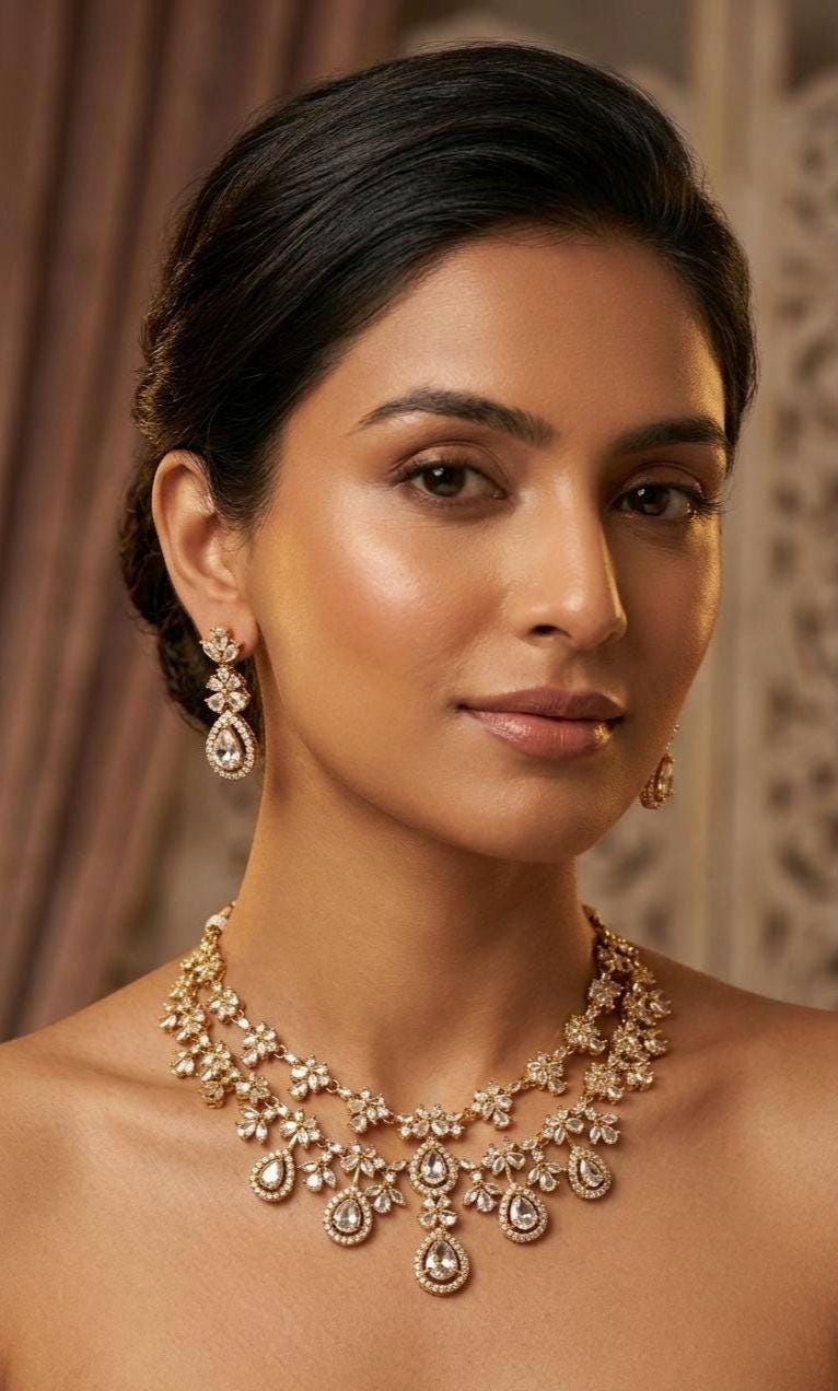 Gold Teardrop Necklace Earrings Set, Bridal Choker, Indian Wedding Crystal Jewelry
