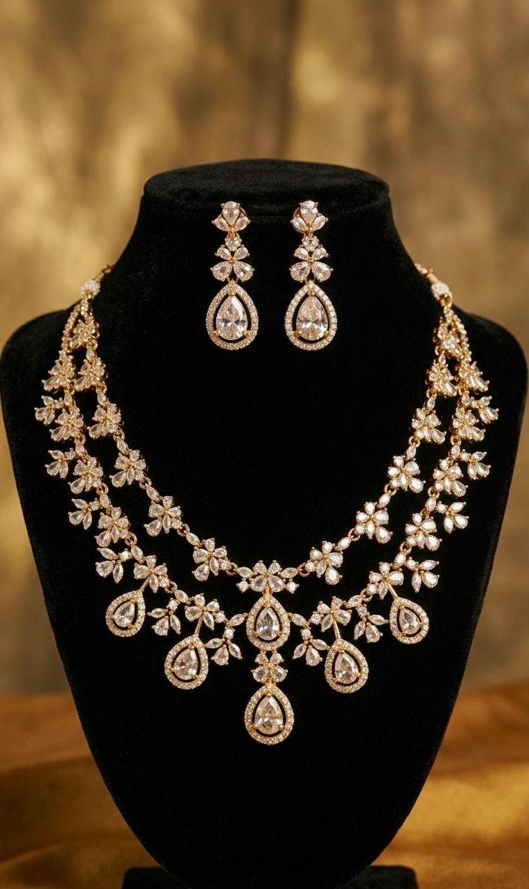 Gold Teardrop Necklace Earrings Set, Bridal Choker, Indian Wedding Crystal Jewelry