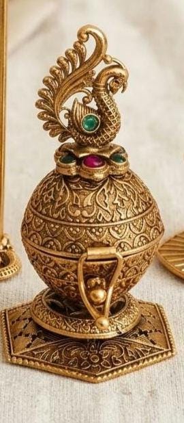 Antique Gold-Plated Brass Kumkum Dabbis | Ganesha, Peacock, Lakshmi Designs