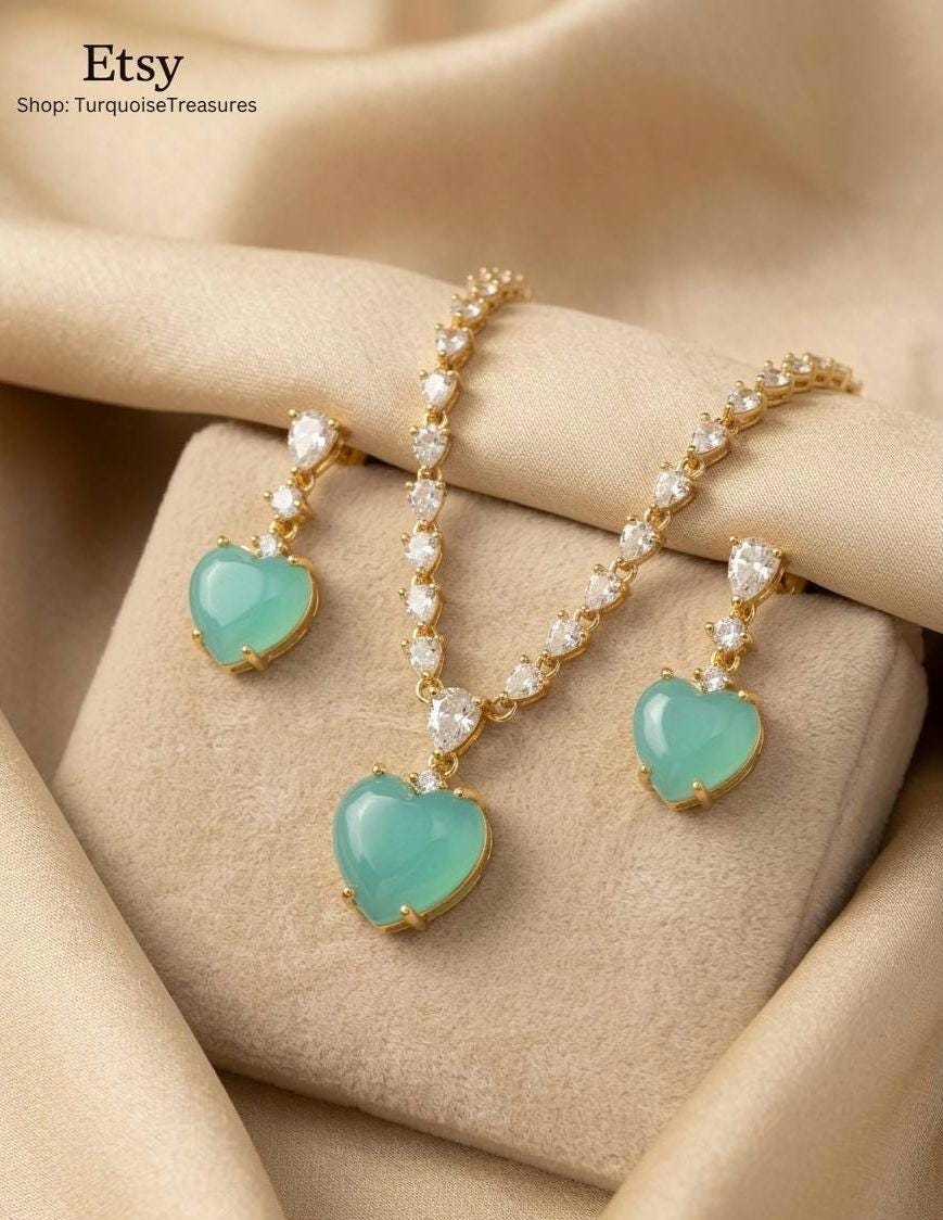 Gold Heart Crystal Necklace Earrings Set  Emerald, Blue, Clear Gemstone Bridal Jewelry