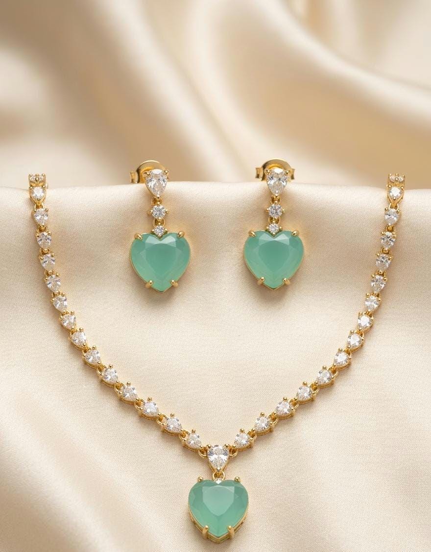 Gold Heart Crystal Necklace Earrings Set  Emerald, Blue, Clear Gemstone Bridal Jewelry