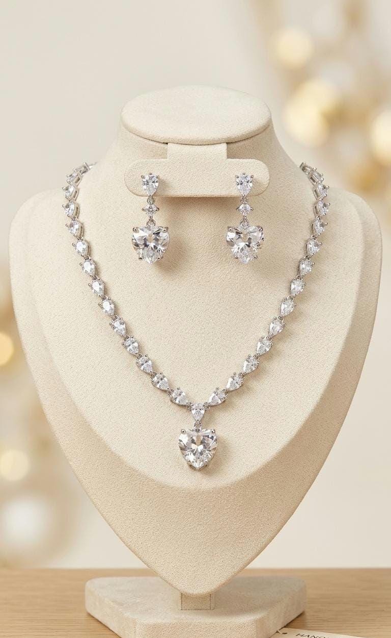 Gold Heart Crystal Necklace Earrings Set  Emerald, Blue, Clear Gemstone Bridal Jewelry