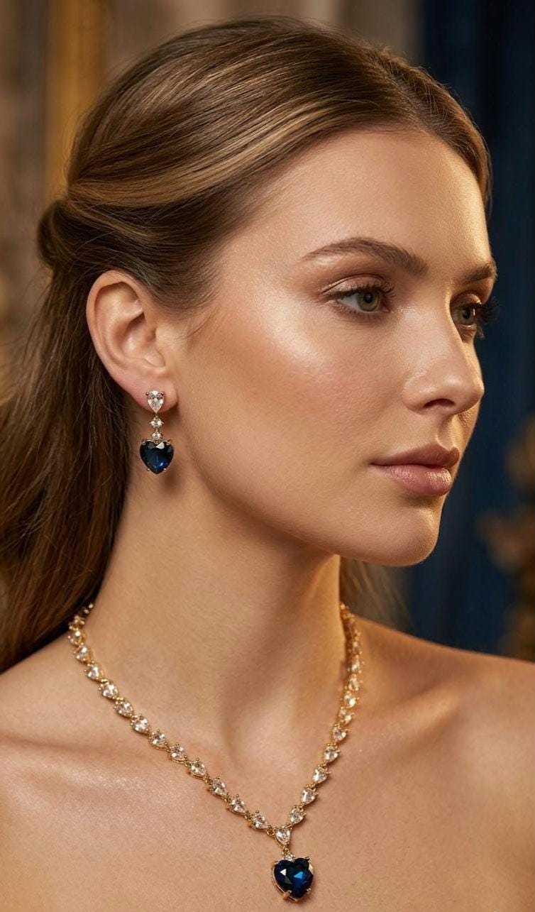 Gold Heart Crystal Necklace Earrings Set  Emerald, Blue, Clear Gemstone Bridal Jewelry