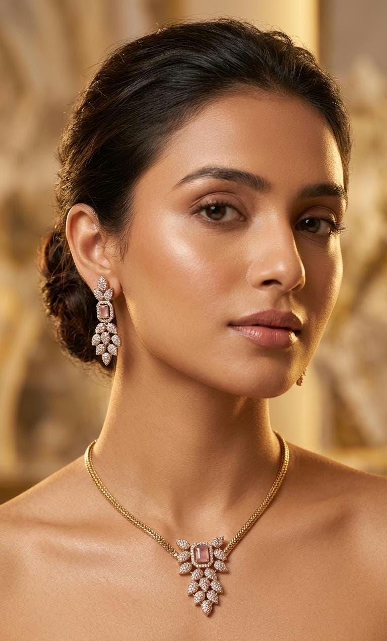 Rose Gold Blush Pink Stone Necklace Earrings Set, Cubic Zirconia Bridal Jewelry