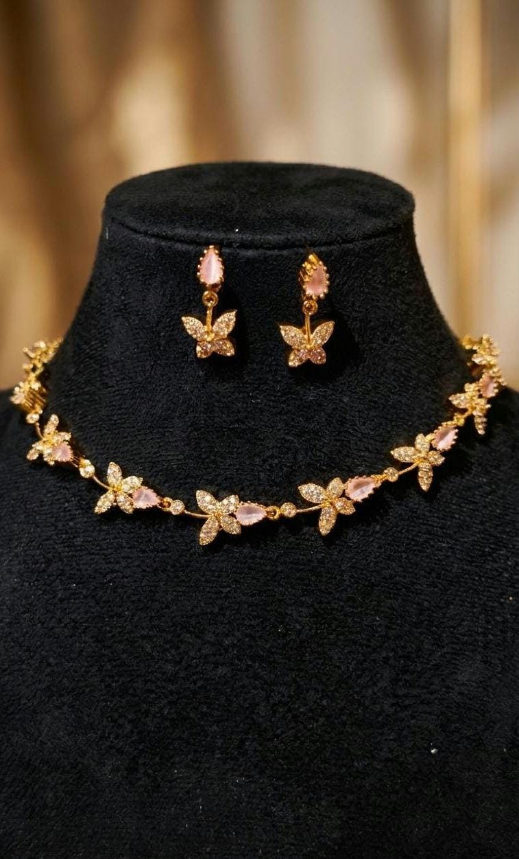 Gold Butterfly Jewelry Set, Pink Crystal Choker and Earrings