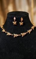 Gold Butterfly Jewelry Set, Pink Crystal Choker and Earrings