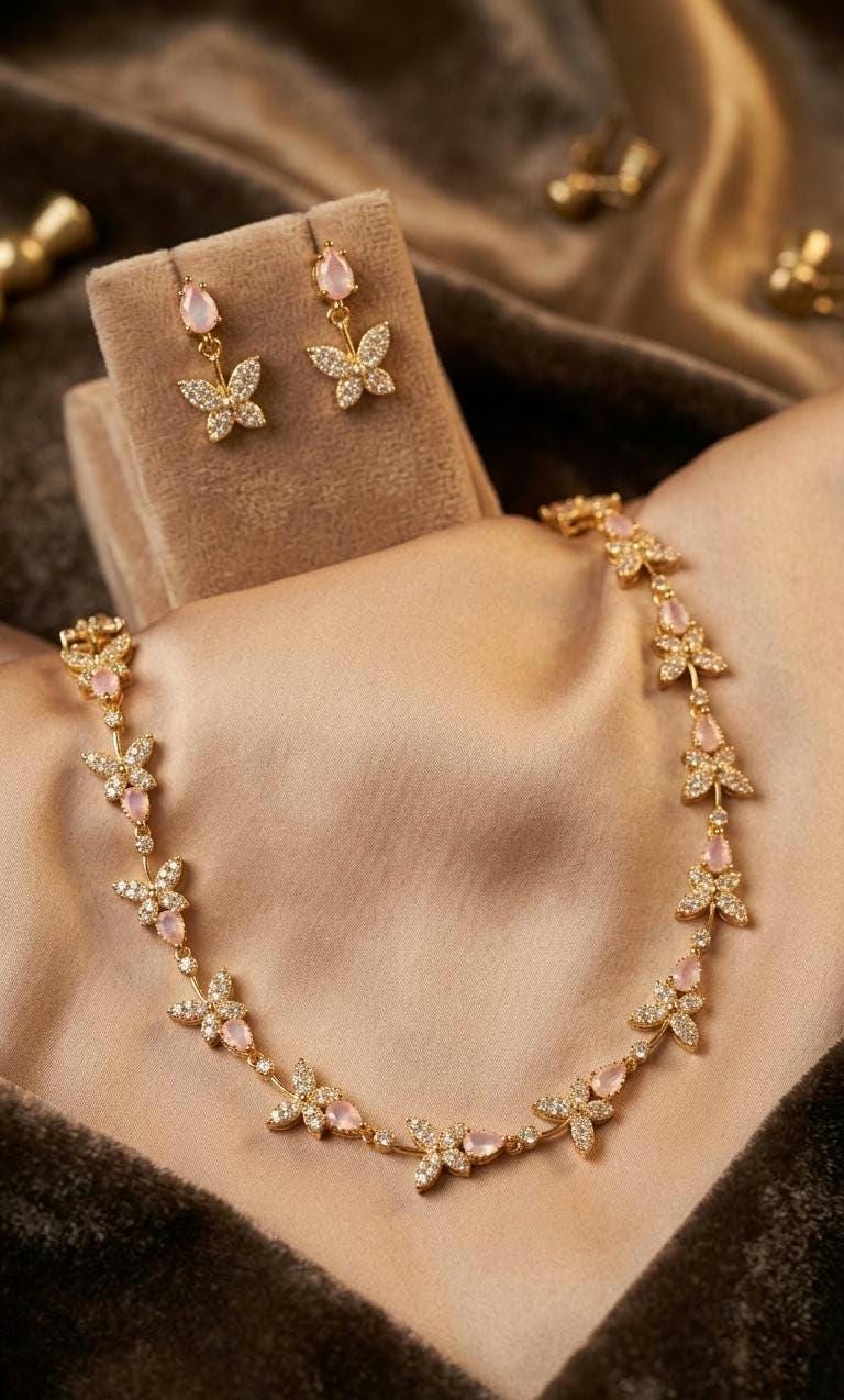 Gold Butterfly Jewelry Set, Pink Crystal Choker and Earrings