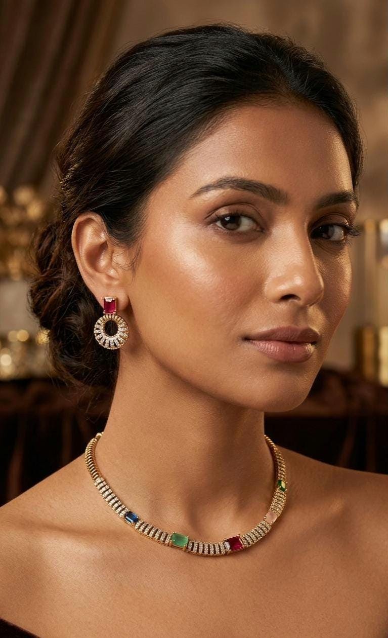 Gold Plated Multicolor Gemstone Choker Necklace & Earrings Set | Cubic Zirconia Rainbow Jewelry