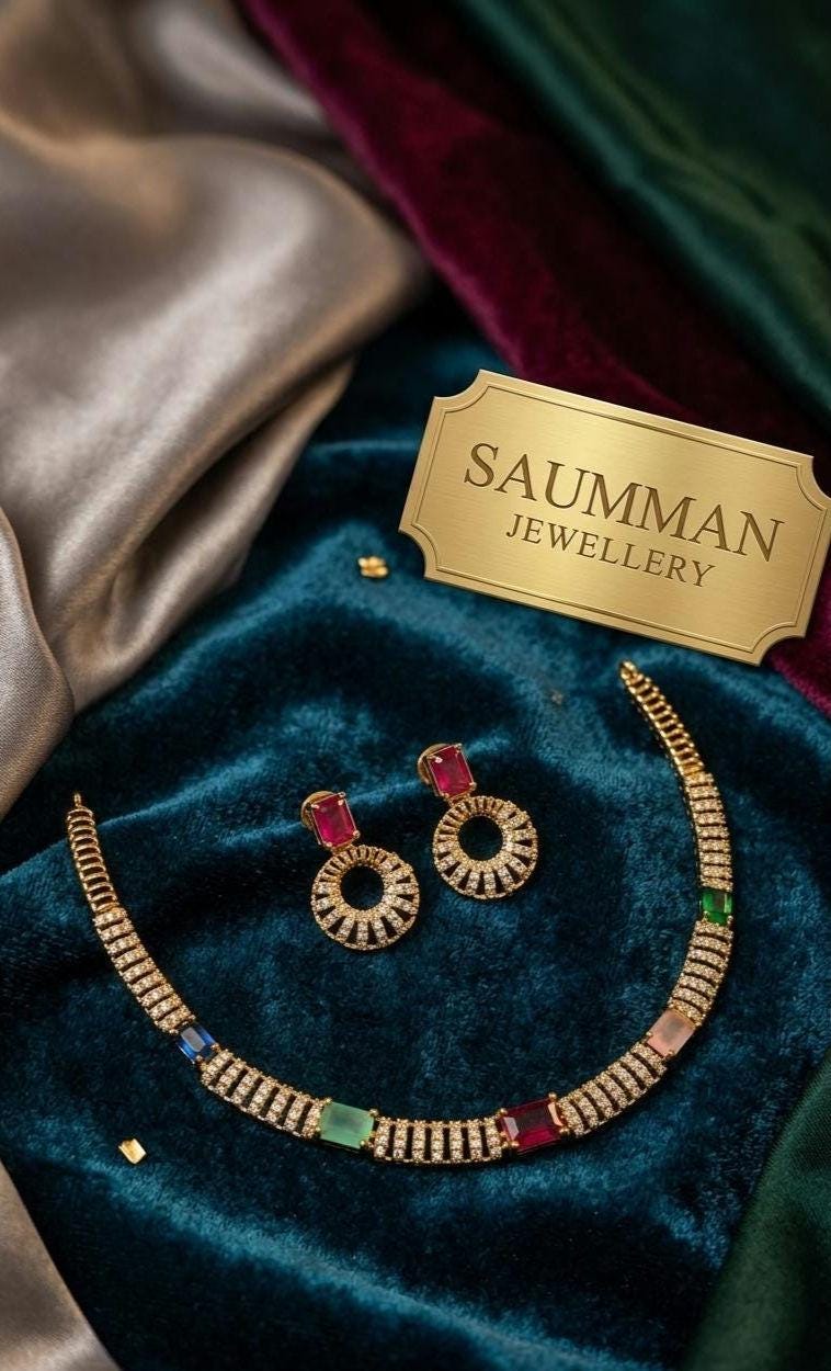 Gold Plated Multicolor Gemstone Choker Necklace & Earrings Set | Cubic Zirconia Rainbow Jewelry