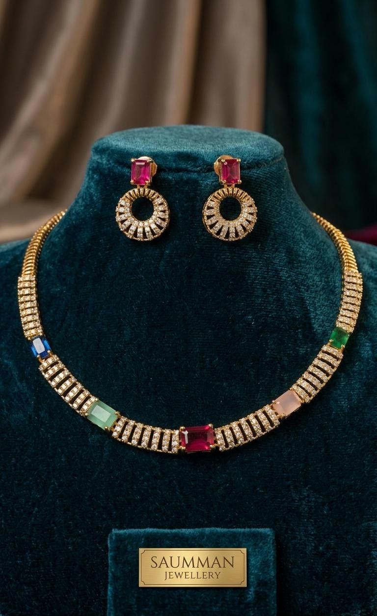 Gold Plated Multicolor Gemstone Choker Necklace & Earrings Set | Cubic Zirconia Rainbow Jewelry
