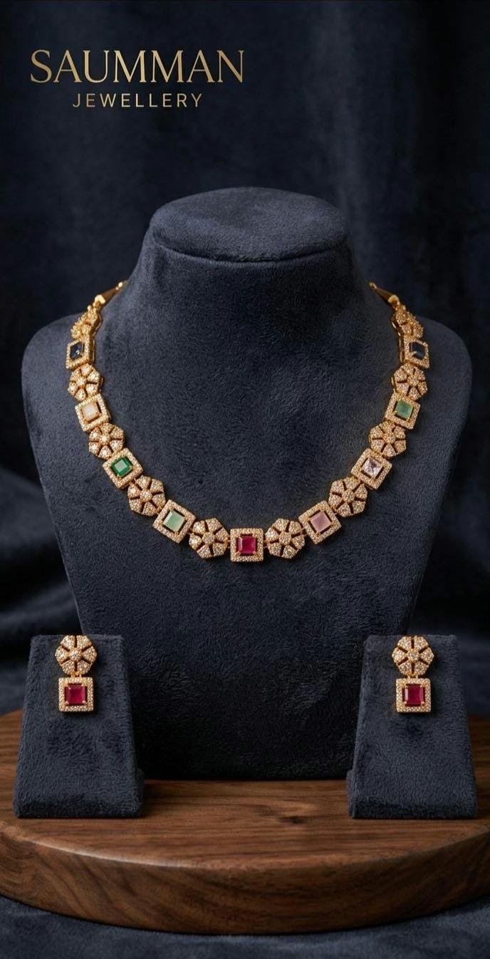 Multicolor Navratna Necklace Set | 22k Gold Plated Choker, Matching Earrings