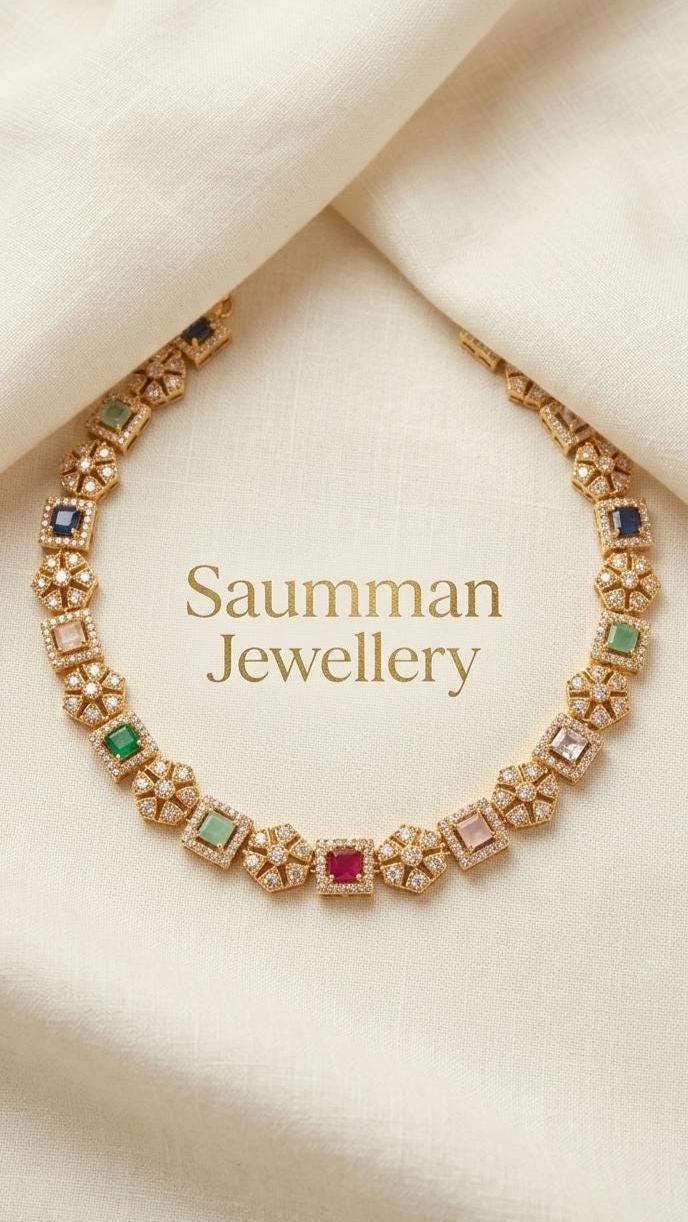 Multicolor Navratna Necklace Set | 22k Gold Plated Choker, Matching Earrings