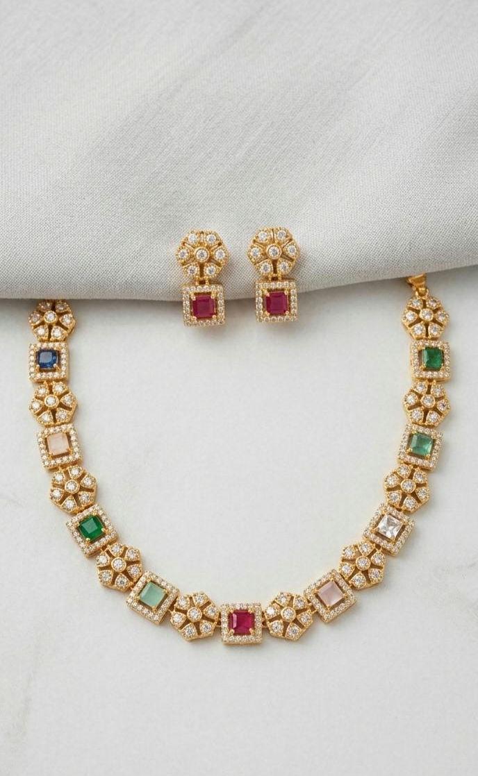Multicolor Navratna Necklace Set | 22k Gold Plated Choker, Matching Earrings