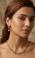 Gold Geometric Jewelry Set  CZ Circle Necklace, Pearl Drop Earrings, Bridal Gift