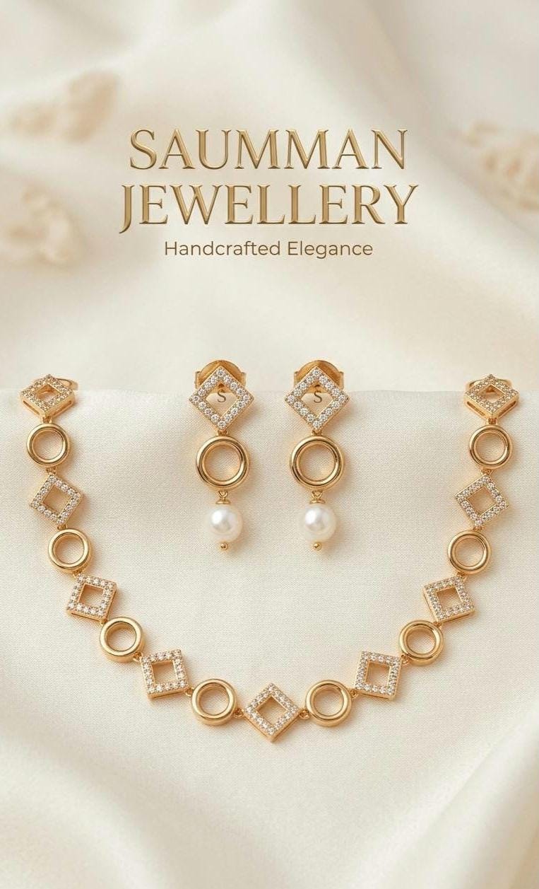 Gold Geometric Jewelry Set  CZ Circle Necklace, Pearl Drop Earrings, Bridal Gift