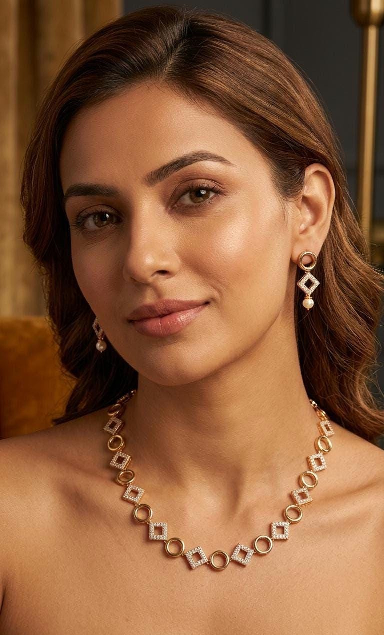 Gold Geometric Jewelry Set  CZ Circle Necklace, Pearl Drop Earrings, Bridal Gift