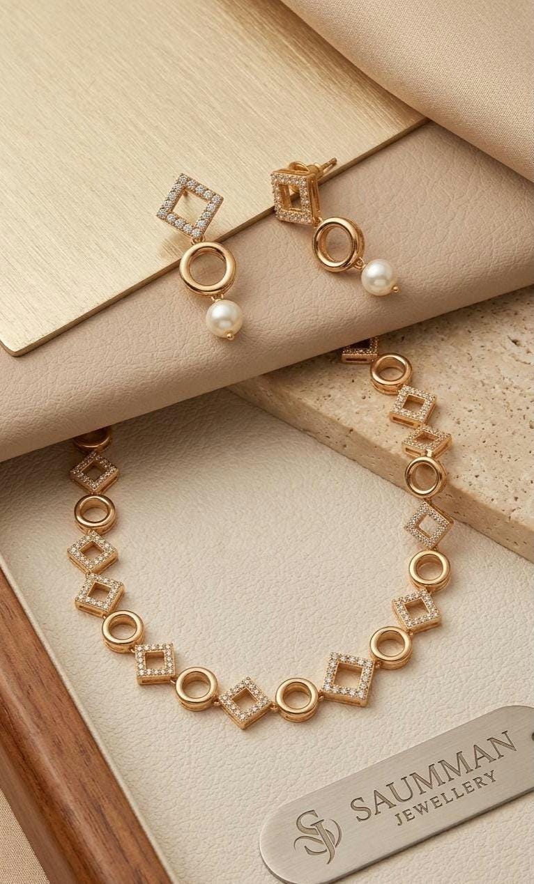 Gold Geometric Jewelry Set  CZ Circle Necklace, Pearl Drop Earrings, Bridal Gift