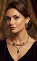 Gold Plated Amethyst Flower Hasli Necklace Set, Teardrop Earrings, Traditional Indian Choker