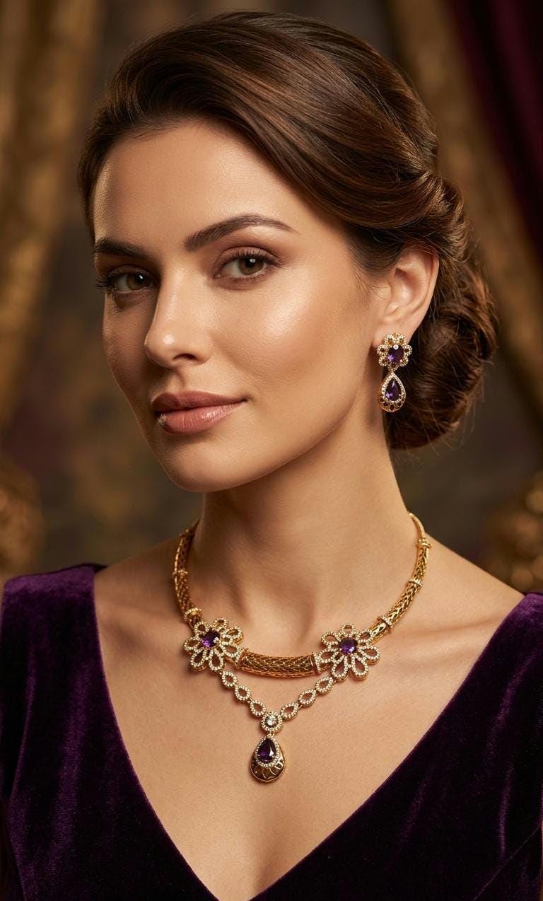 Gold Plated Amethyst Flower Hasli Necklace Set, Teardrop Earrings, Traditional Indian Choker