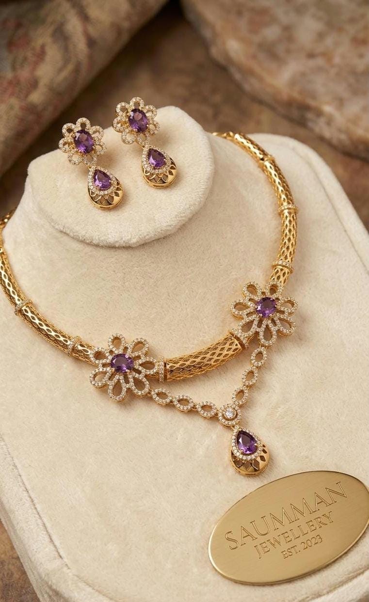 Gold Plated Amethyst Flower Hasli Necklace Set, Teardrop Earrings, Traditional Indian Choker